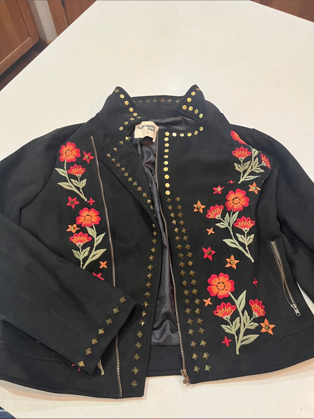 Savanna Jane Black Leather Jacket with Red & Orange Floral Embroidery